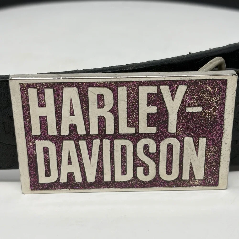 Harley-Davidson Women's Leather Belt 32 Purple Glitter Buckle USA 2006 Y2K